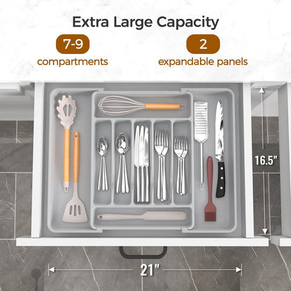 Extra Large Expandable Silverware Organizer, BPA-Free Food-Safe Cutlery Flatware Organizer, Kitchen Utensil Drawer Organizer, Adjustable Silverware Holder for Spoons Forks Knives, Black