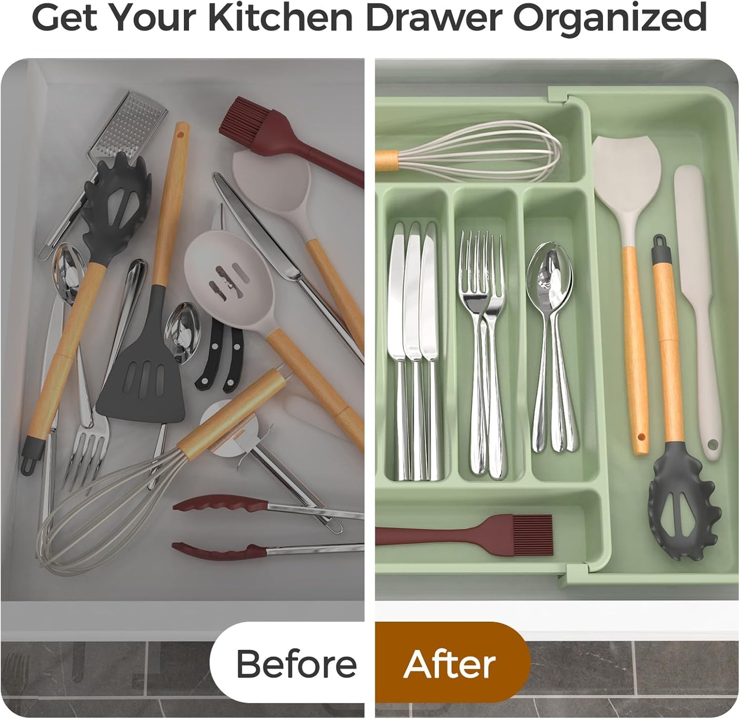 Extra Large Expandable Silverware Organizer, BPA-Free Food-Safe Cutlery Flatware Organizer, Kitchen Utensil Drawer Organizer, Adjustable Silverware Holder for Spoons Forks Knives, Black