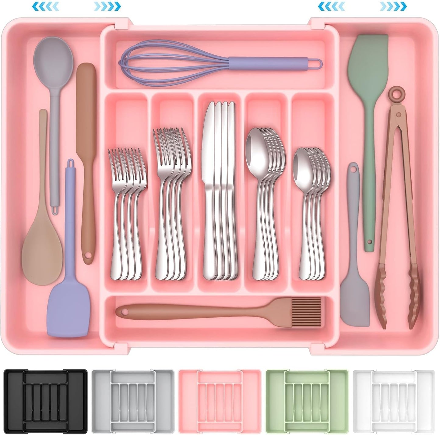Extra Large Expandable Silverware Organizer, BPA-Free Food-Safe Cutlery Flatware Organizer, Kitchen Utensil Drawer Organizer, Adjustable Silverware Holder for Spoons Forks Knives, Black