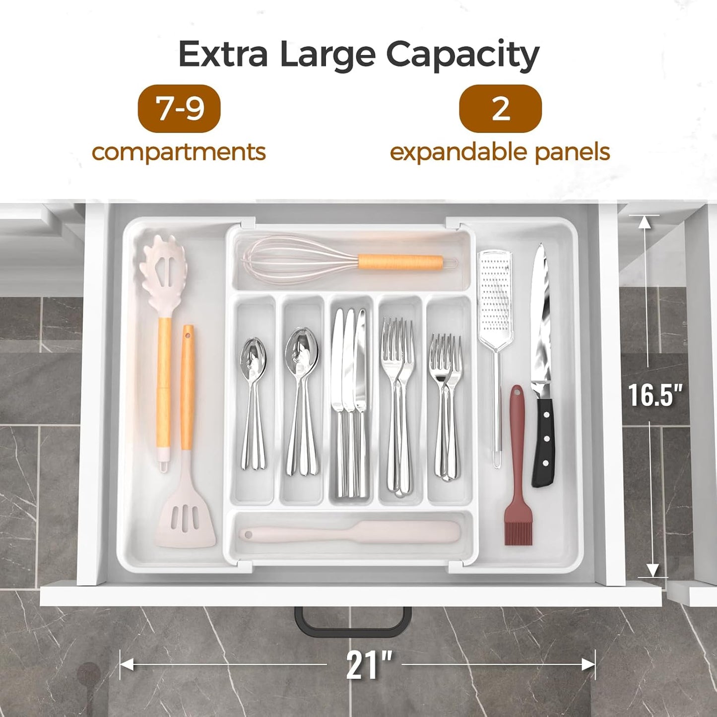 Extra Large Expandable Silverware Organizer, BPA-Free Food-Safe Cutlery Flatware Organizer, Kitchen Utensil Drawer Organizer, Adjustable Silverware Holder for Spoons Forks Knives, Black