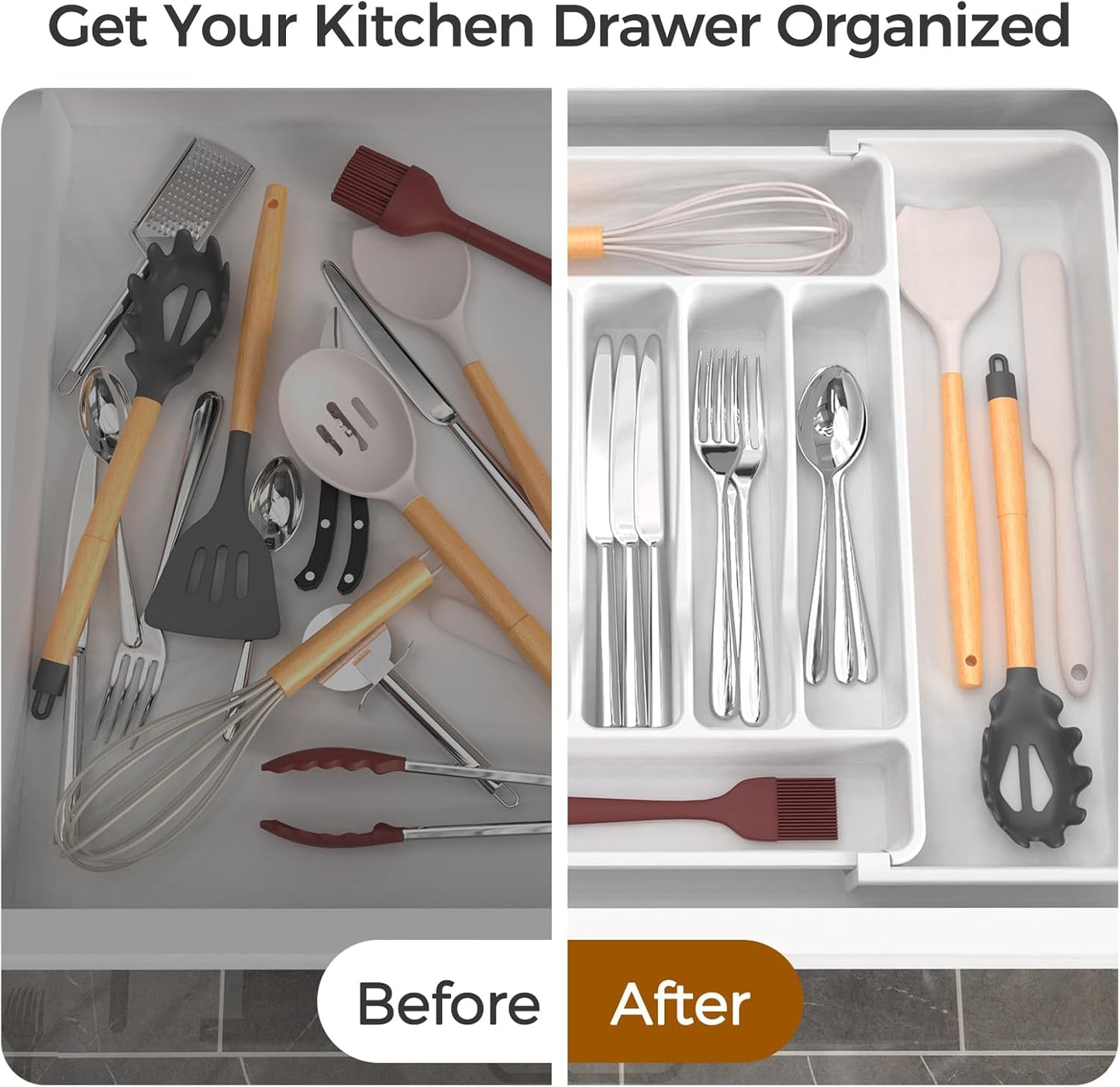 Extra Large Expandable Silverware Organizer, BPA-Free Food-Safe Cutlery Flatware Organizer, Kitchen Utensil Drawer Organizer, Adjustable Silverware Holder for Spoons Forks Knives, Black