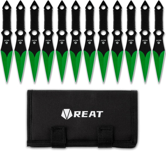 REAT Throwing Knives - 12 Piece, 6.5" 440 Stainless Steel with Cord-Wrapped Handle, Includes Nylon Carrying Case for Safe Storage,Ninja Kunai Knives for Competition,Recreation,Gifts for Men,Women (Green)