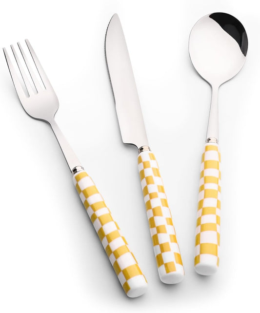 3-Piece Yellow Check Stainless Steel Flatware Set | Yellow Plaid Grip Three-Piece Utensil Set; Bright Kitchen Table Matching Cutlery