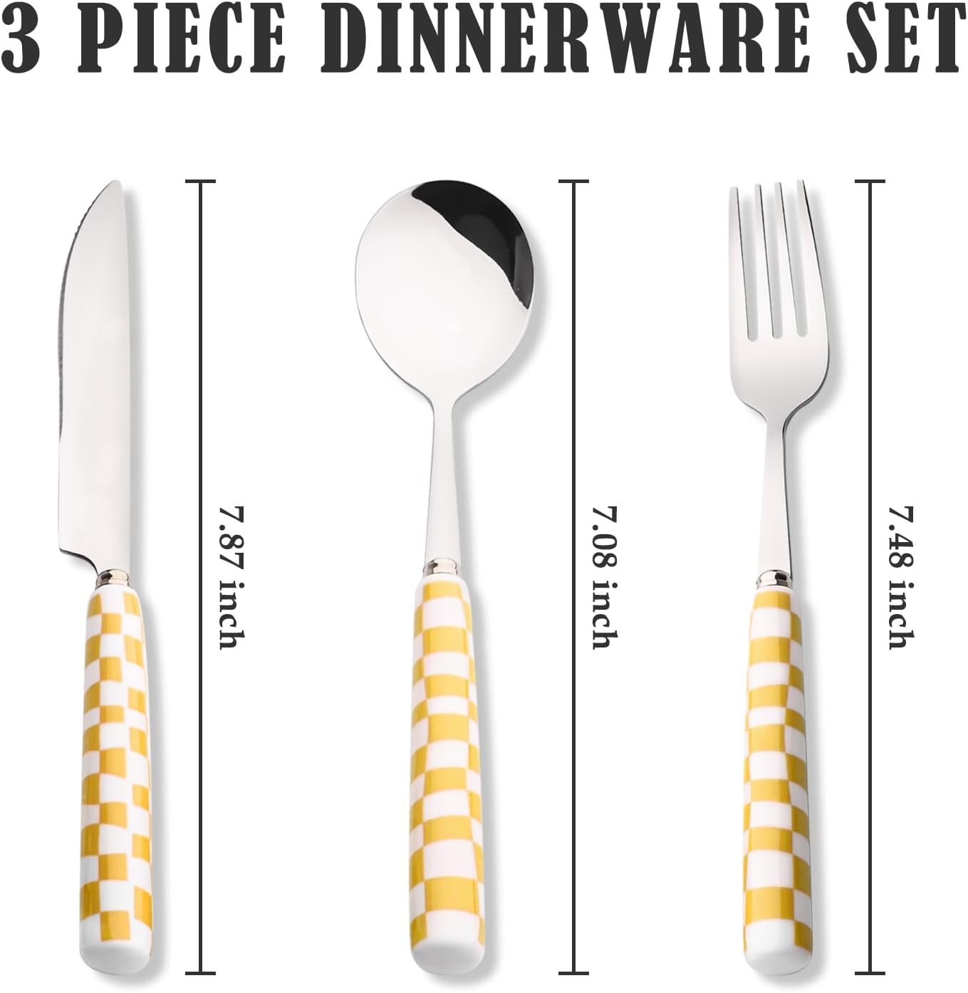 3-Piece Yellow Check Stainless Steel Flatware Set | Yellow Plaid Grip Three-Piece Utensil Set; Bright Kitchen Table Matching Cutlery