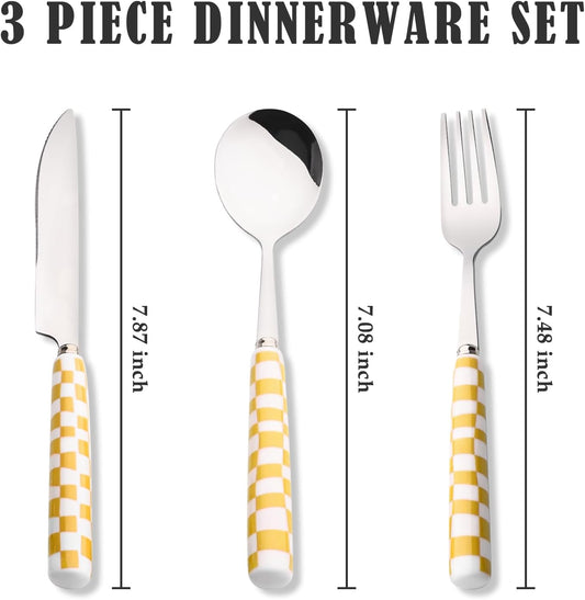 3-Piece Yellow Check Stainless Steel Flatware Set | Yellow Plaid Grip Three-Piece Utensil Set; Bright Kitchen Table Matching Cutlery