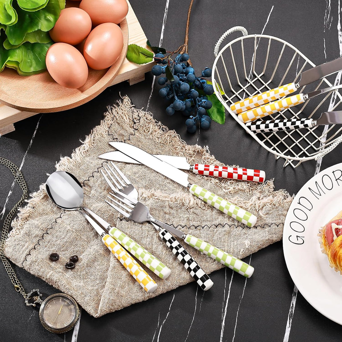 3-Piece Yellow Check Stainless Steel Flatware Set | Yellow Plaid Grip Three-Piece Utensil Set; Bright Kitchen Table Matching Cutlery