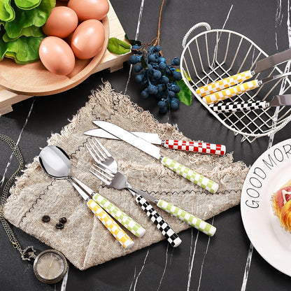 3-Piece Yellow Check Stainless Steel Flatware Set | Yellow Plaid Grip Three-Piece Utensil Set; Bright Kitchen Table Matching Cutlery