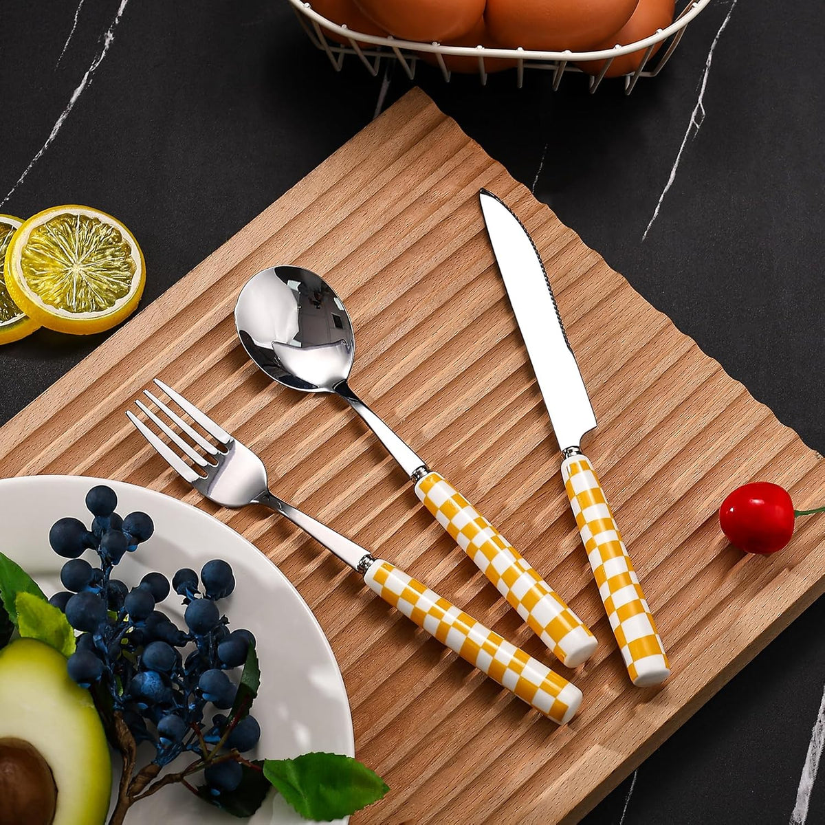 3-Piece Yellow Check Stainless Steel Flatware Set | Yellow Plaid Grip Three-Piece Utensil Set; Bright Kitchen Table Matching Cutlery