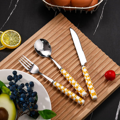 3-Piece Yellow Check Stainless Steel Flatware Set | Yellow Plaid Grip Three-Piece Utensil Set; Bright Kitchen Table Matching Cutlery