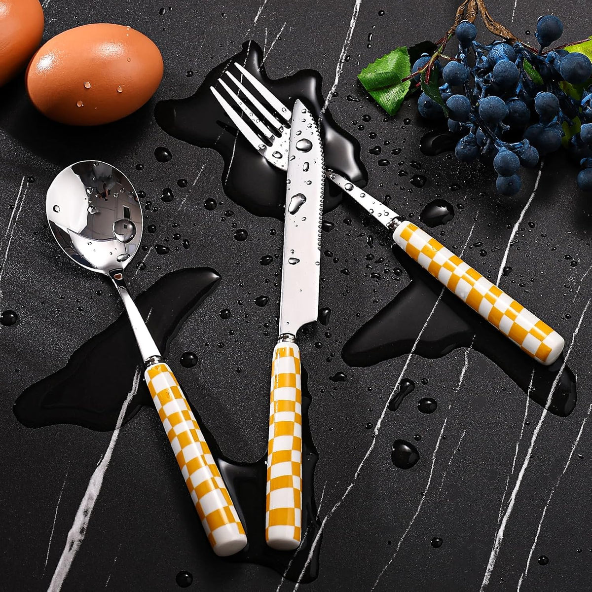 3-Piece Yellow Check Stainless Steel Flatware Set | Yellow Plaid Grip Three-Piece Utensil Set; Bright Kitchen Table Matching Cutlery