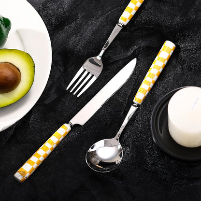 3-Piece Yellow Check Stainless Steel Flatware Set | Yellow Plaid Grip Three-Piece Utensil Set; Bright Kitchen Table Matching Cutlery