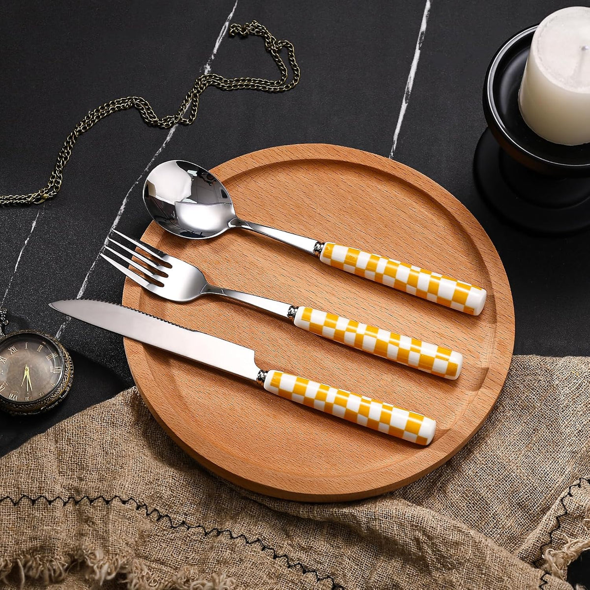 3-Piece Yellow Check Stainless Steel Flatware Set | Yellow Plaid Grip Three-Piece Utensil Set; Bright Kitchen Table Matching Cutlery