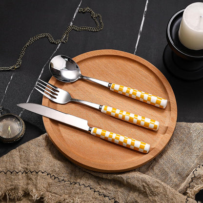 3-Piece Yellow Check Stainless Steel Flatware Set | Yellow Plaid Grip Three-Piece Utensil Set; Bright Kitchen Table Matching Cutlery