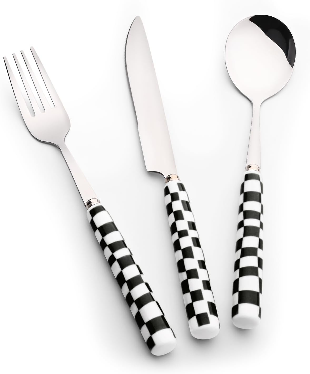 3-Piece Yellow Check Stainless Steel Flatware Set | Yellow Plaid Grip Three-Piece Utensil Set; Bright Kitchen Table Matching Cutlery