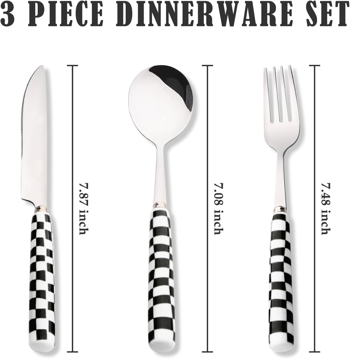 3-Piece Yellow Check Stainless Steel Flatware Set | Yellow Plaid Grip Three-Piece Utensil Set; Bright Kitchen Table Matching Cutlery