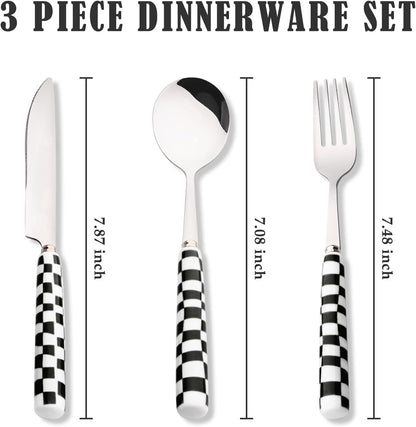 3-Piece Yellow Check Stainless Steel Flatware Set | Yellow Plaid Grip Three-Piece Utensil Set; Bright Kitchen Table Matching Cutlery