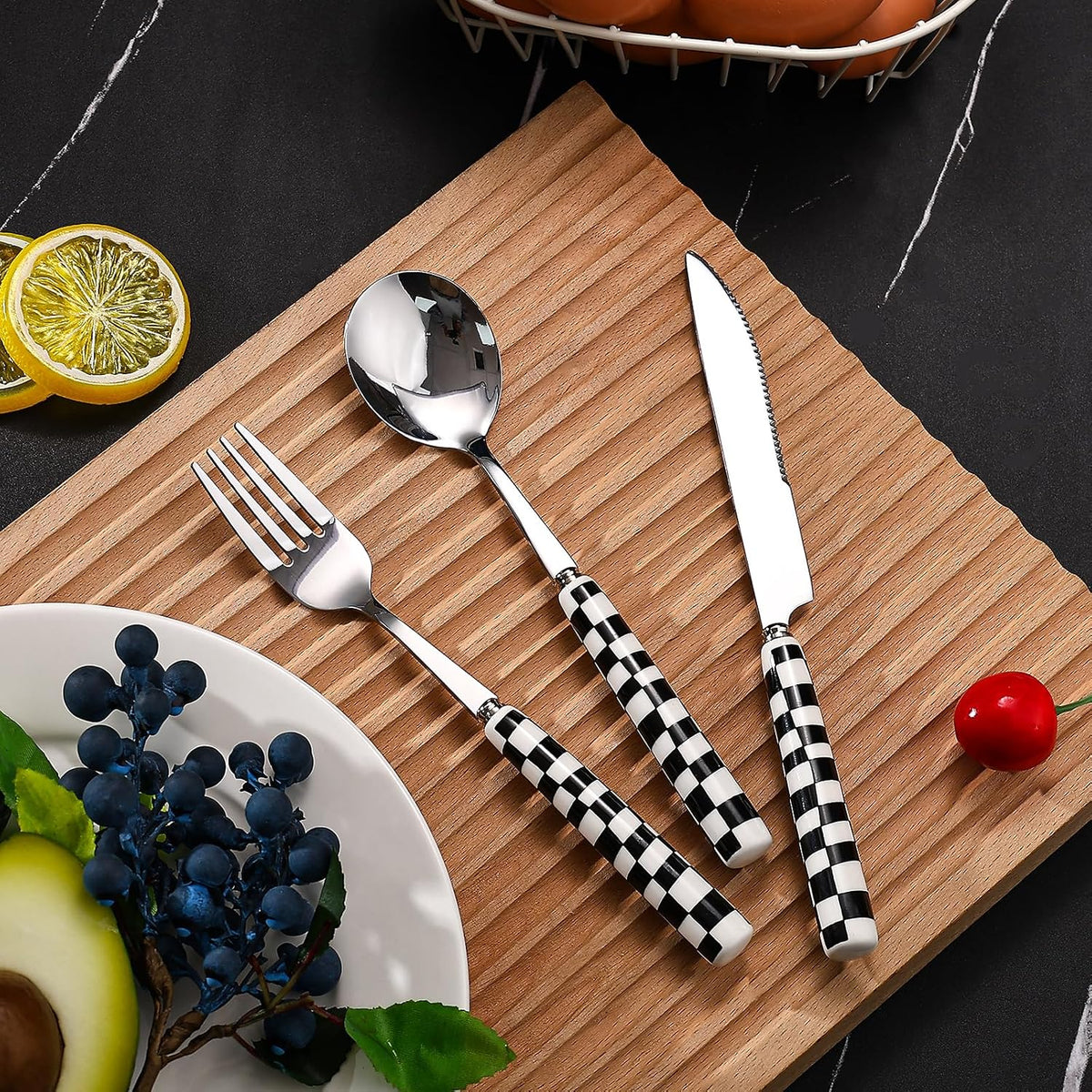 3-Piece Yellow Check Stainless Steel Flatware Set | Yellow Plaid Grip Three-Piece Utensil Set; Bright Kitchen Table Matching Cutlery