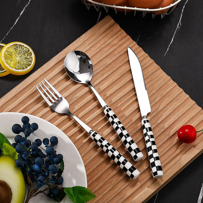 3-Piece Yellow Check Stainless Steel Flatware Set | Yellow Plaid Grip Three-Piece Utensil Set; Bright Kitchen Table Matching Cutlery