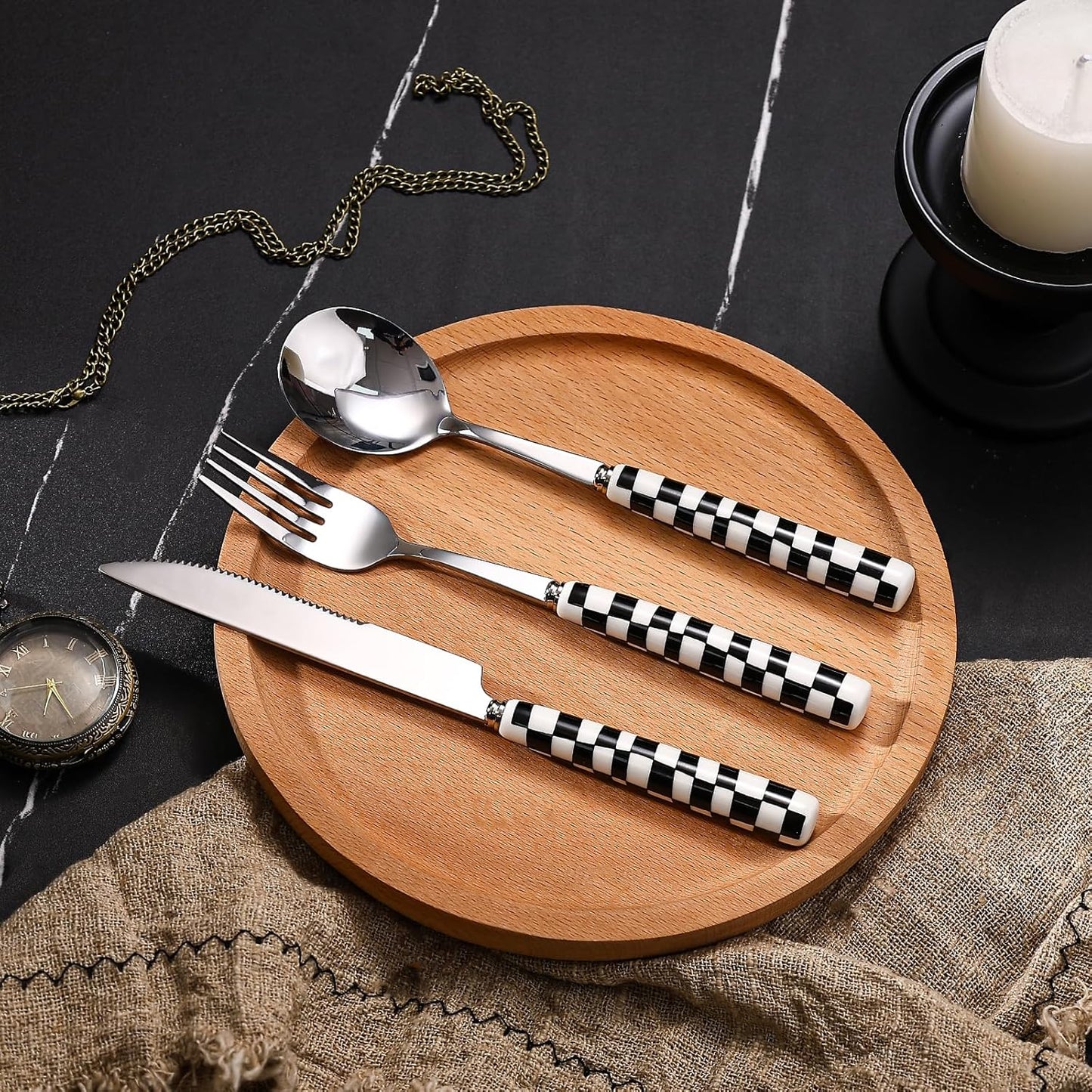 3-Piece Yellow Check Stainless Steel Flatware Set | Yellow Plaid Grip Three-Piece Utensil Set; Bright Kitchen Table Matching Cutlery