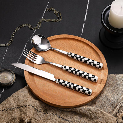 3-Piece Yellow Check Stainless Steel Flatware Set | Yellow Plaid Grip Three-Piece Utensil Set; Bright Kitchen Table Matching Cutlery