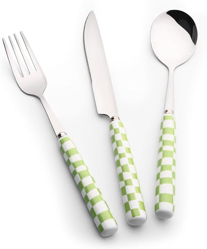 3-Piece Yellow Check Stainless Steel Flatware Set | Yellow Plaid Grip Three-Piece Utensil Set; Bright Kitchen Table Matching Cutlery