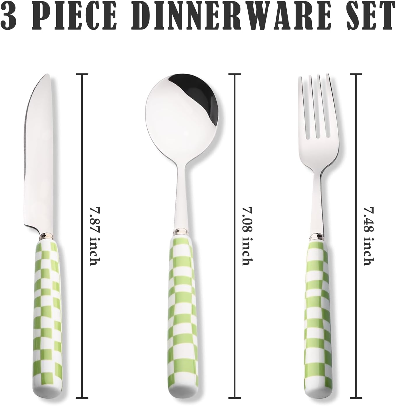 3-Piece Yellow Check Stainless Steel Flatware Set | Yellow Plaid Grip Three-Piece Utensil Set; Bright Kitchen Table Matching Cutlery