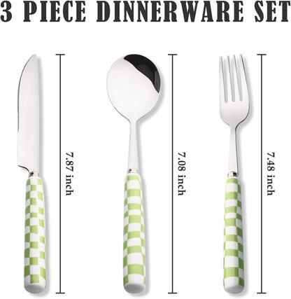 3-Piece Yellow Check Stainless Steel Flatware Set | Yellow Plaid Grip Three-Piece Utensil Set; Bright Kitchen Table Matching Cutlery