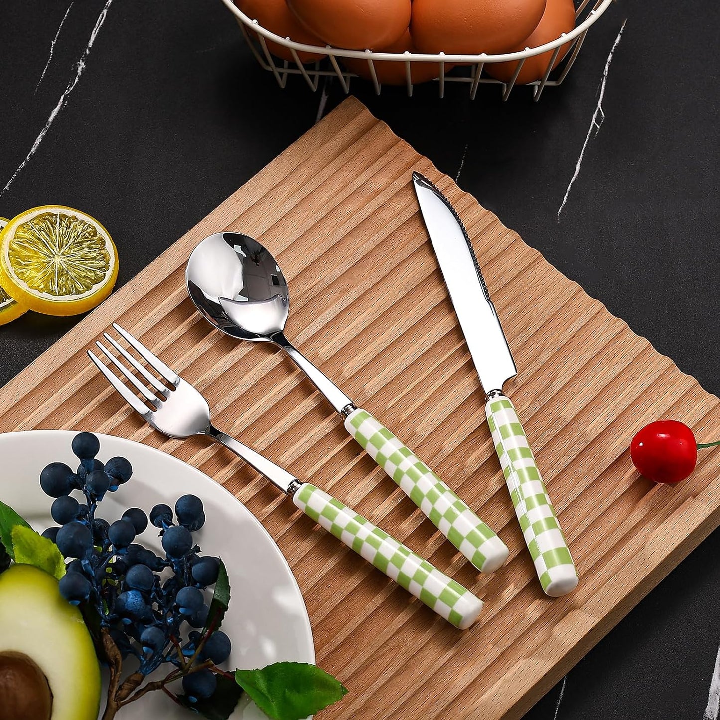 3-Piece Yellow Check Stainless Steel Flatware Set | Yellow Plaid Grip Three-Piece Utensil Set; Bright Kitchen Table Matching Cutlery