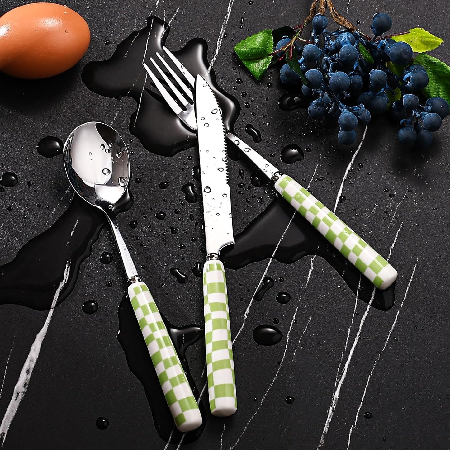 3-Piece Yellow Check Stainless Steel Flatware Set | Yellow Plaid Grip Three-Piece Utensil Set; Bright Kitchen Table Matching Cutlery