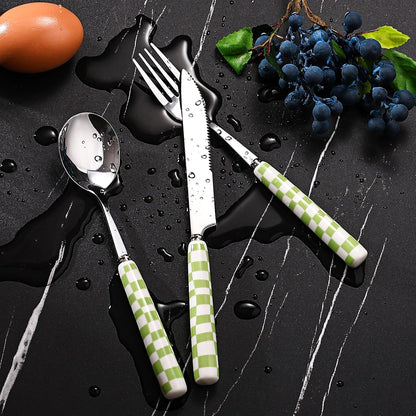 3-Piece Yellow Check Stainless Steel Flatware Set | Yellow Plaid Grip Three-Piece Utensil Set; Bright Kitchen Table Matching Cutlery