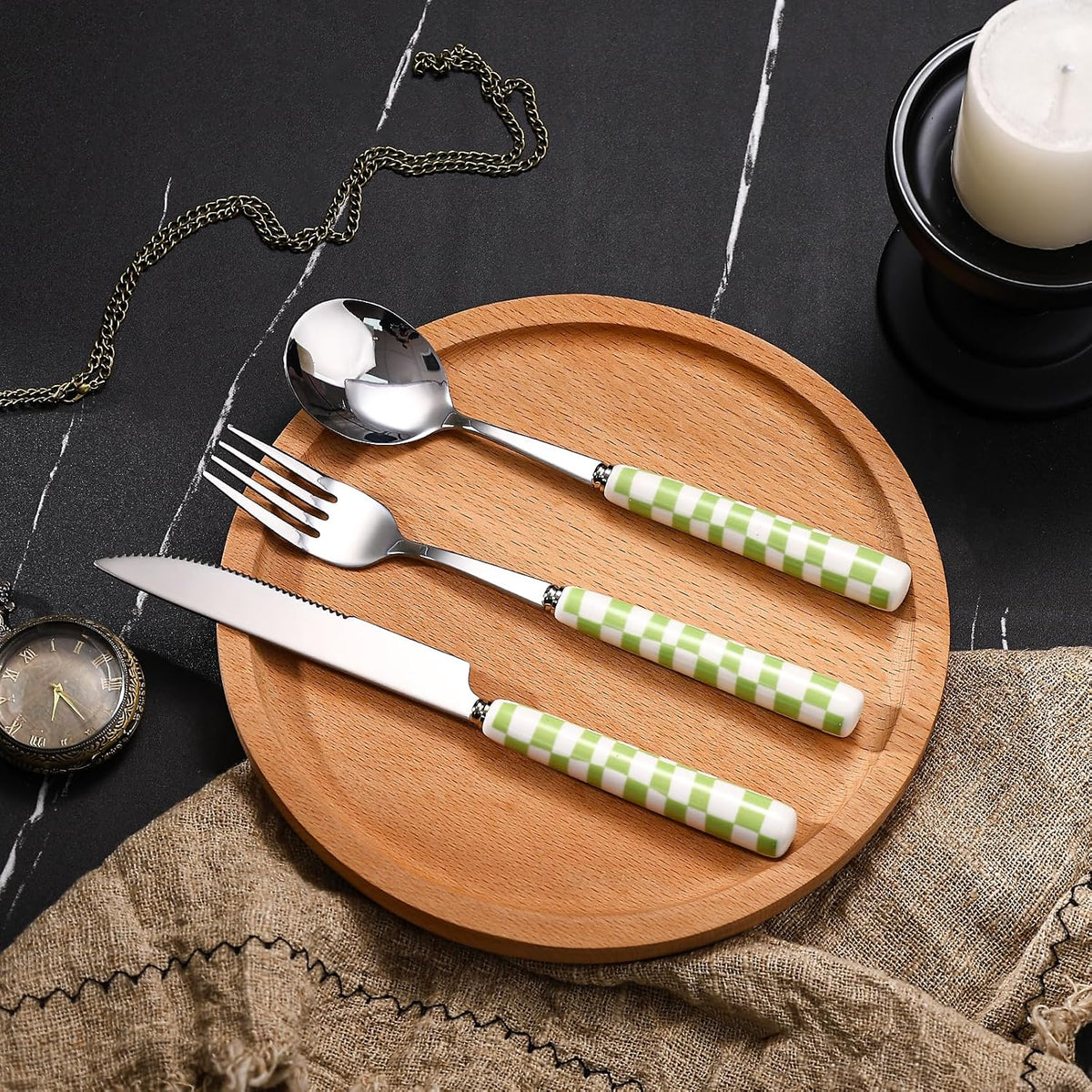 3-Piece Yellow Check Stainless Steel Flatware Set | Yellow Plaid Grip Three-Piece Utensil Set; Bright Kitchen Table Matching Cutlery