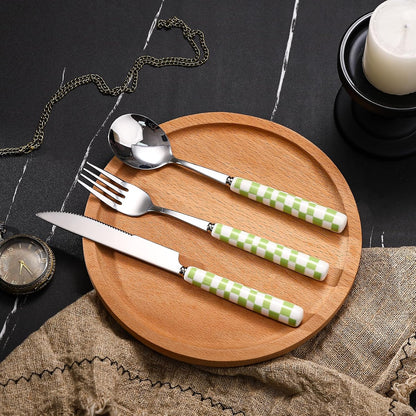 3-Piece Yellow Check Stainless Steel Flatware Set | Yellow Plaid Grip Three-Piece Utensil Set; Bright Kitchen Table Matching Cutlery