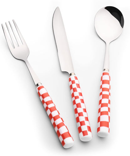 3-Piece Yellow Check Stainless Steel Flatware Set | Yellow Plaid Grip Three-Piece Utensil Set; Bright Kitchen Table Matching Cutlery