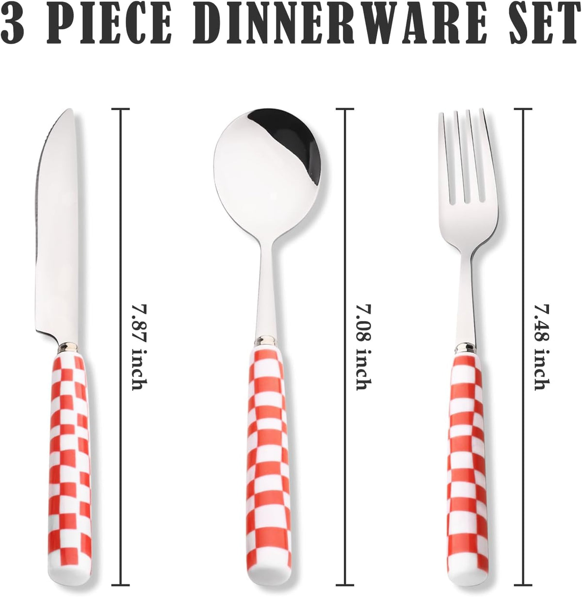 3-Piece Yellow Check Stainless Steel Flatware Set | Yellow Plaid Grip Three-Piece Utensil Set; Bright Kitchen Table Matching Cutlery