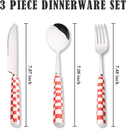 3-Piece Yellow Check Stainless Steel Flatware Set | Yellow Plaid Grip Three-Piece Utensil Set; Bright Kitchen Table Matching Cutlery