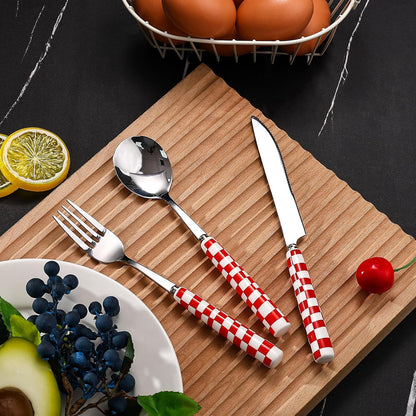 3-Piece Yellow Check Stainless Steel Flatware Set | Yellow Plaid Grip Three-Piece Utensil Set; Bright Kitchen Table Matching Cutlery