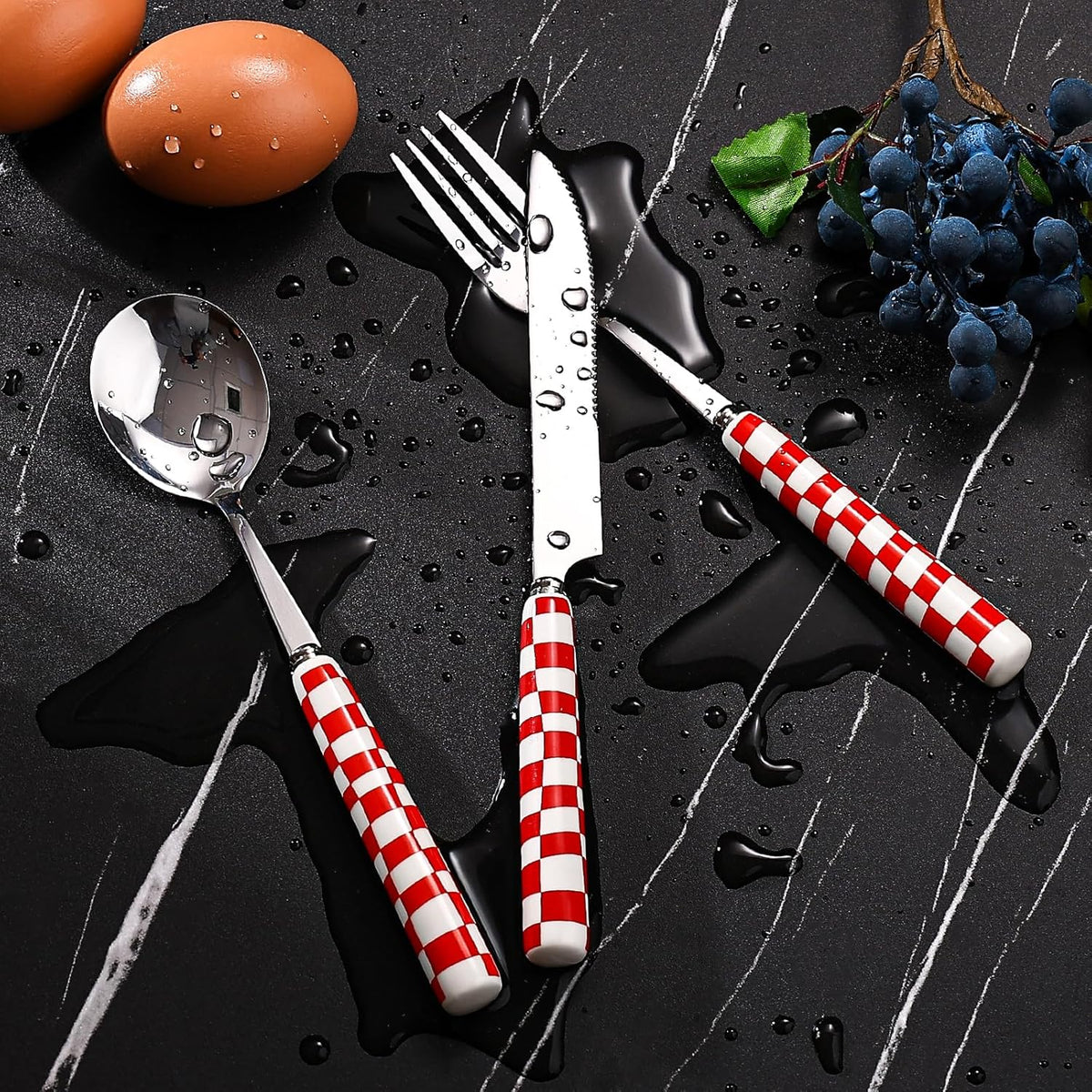 3-Piece Yellow Check Stainless Steel Flatware Set | Yellow Plaid Grip Three-Piece Utensil Set; Bright Kitchen Table Matching Cutlery