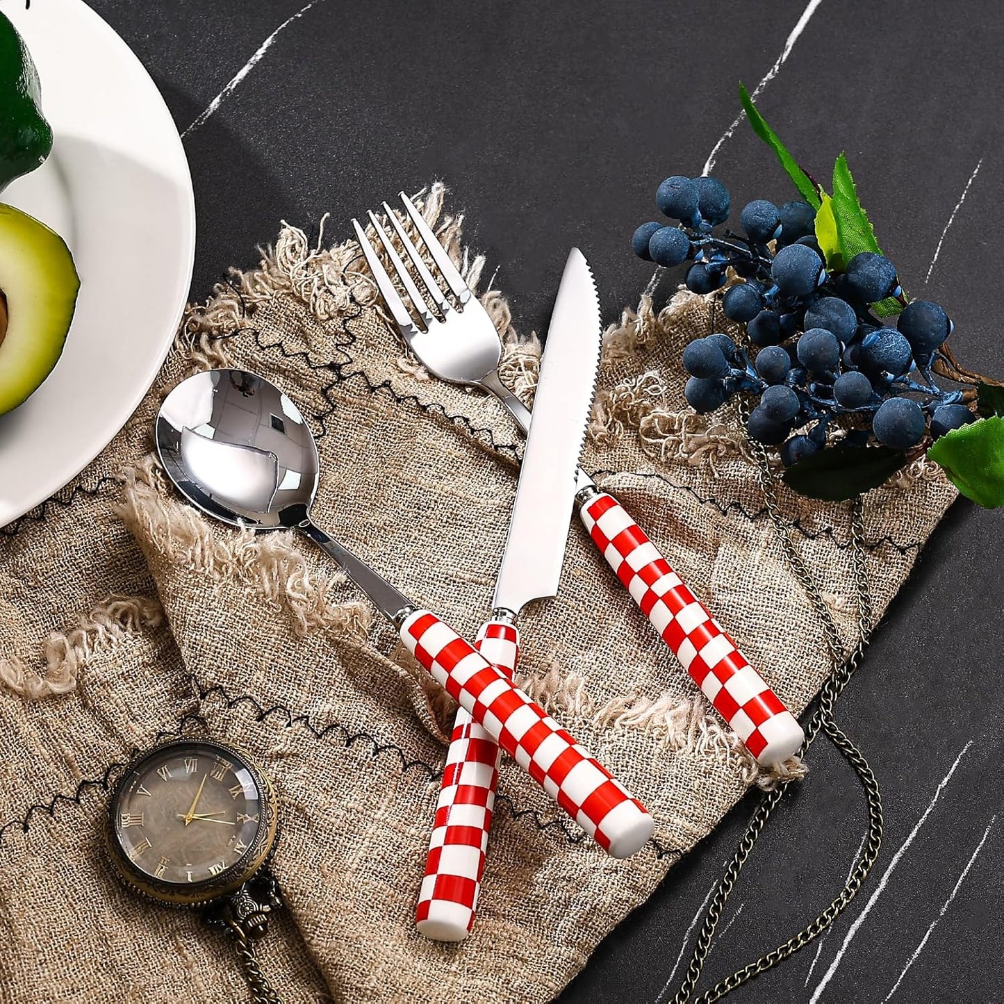 3-Piece Yellow Check Stainless Steel Flatware Set | Yellow Plaid Grip Three-Piece Utensil Set; Bright Kitchen Table Matching Cutlery