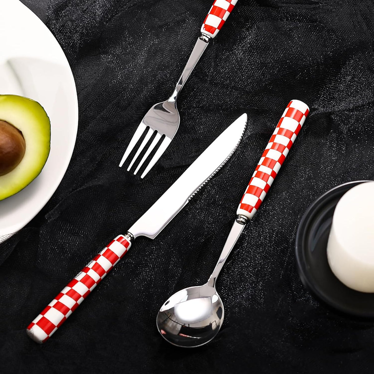 3-Piece Yellow Check Stainless Steel Flatware Set | Yellow Plaid Grip Three-Piece Utensil Set; Bright Kitchen Table Matching Cutlery