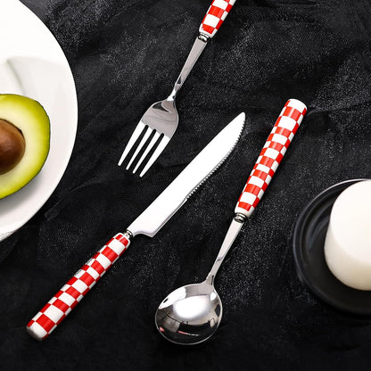 3-Piece Yellow Check Stainless Steel Flatware Set | Yellow Plaid Grip Three-Piece Utensil Set; Bright Kitchen Table Matching Cutlery