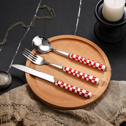 3-Piece Yellow Check Stainless Steel Flatware Set | Yellow Plaid Grip Three-Piece Utensil Set; Bright Kitchen Table Matching Cutlery