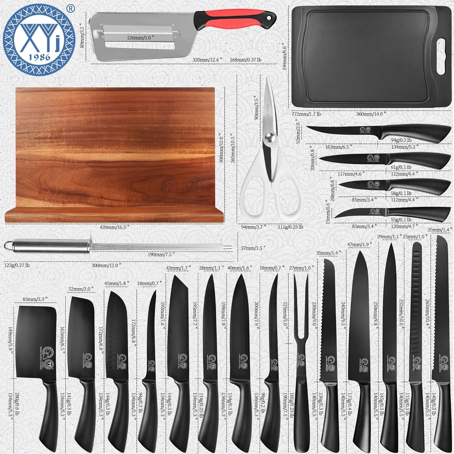 Knife Block Set, Chef Knives Set with Wooden Magnetic Knife Block, Fork, Cutting Board, Sharpening Stick, Scissors, Stainless Steel Japanese Kitchen Knives, Vegetable Slicer, Peeler, Gloves