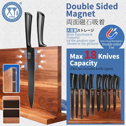 Knife Block Set, Chef Knives Set with Wooden Magnetic Knife Block, Fork, Cutting Board, Sharpening Stick, Scissors, Stainless Steel Japanese Kitchen Knives, Vegetable Slicer, Peeler, Gloves