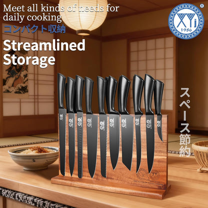 Knife Block Set, Chef Knives Set with Wooden Magnetic Knife Block, Fork, Cutting Board, Sharpening Stick, Scissors, Stainless Steel Japanese Kitchen Knives, Vegetable Slicer, Peeler, Gloves