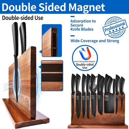 Knife Block Set, Chef Knives Set with Wooden Magnetic Knife Block, Fork, Cutting Board, Sharpening Stick, Scissors, Stainless Steel Japanese Kitchen Knives, Vegetable Slicer, Peeler, Gloves