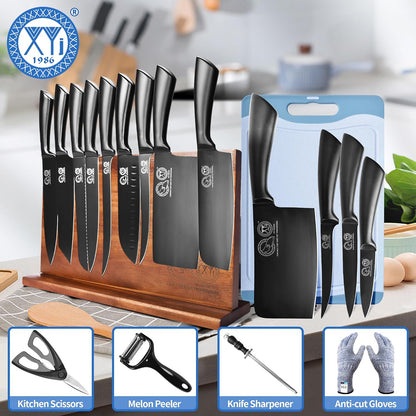 Knife Block Set, Chef Knives Set with Wooden Magnetic Knife Block, Fork, Cutting Board, Sharpening Stick, Scissors, Stainless Steel Japanese Kitchen Knives, Vegetable Slicer, Peeler, Gloves