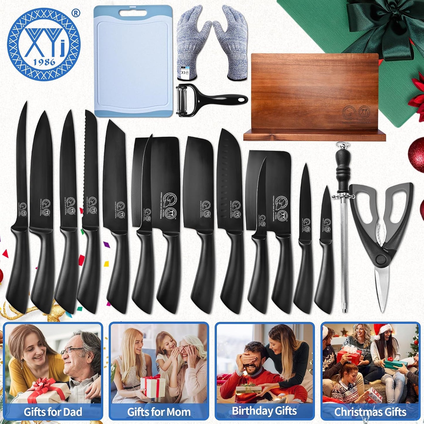 Knife Block Set, Chef Knives Set with Wooden Magnetic Knife Block, Fork, Cutting Board, Sharpening Stick, Scissors, Stainless Steel Japanese Kitchen Knives, Vegetable Slicer, Peeler, Gloves