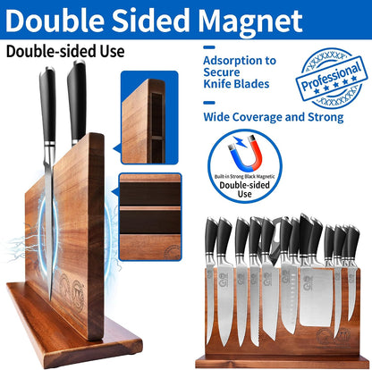 Knife Block Set, Chef Knives Set with Wooden Magnetic Knife Block, Fork, Cutting Board, Sharpening Stick, Scissors, Stainless Steel Japanese Kitchen Knives, Vegetable Slicer, Peeler, Gloves