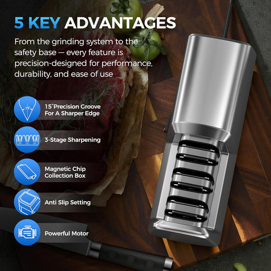 Electric Knife Sharpener for Kitchen Knives, 3-Stage, 15° Angle Guide, Fast, Repair