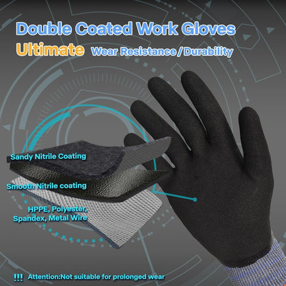 A9 Cut Resistant Work Gloves, 3/4 Double-Dipped Coating, PM3202, M | Level 5 Abrasion, Level 4 Puncture Resistant, 3/4 Water & Oil Proof, Strong Grip, 18 Gauge, Touchscreen, Durable, Heavy Duty